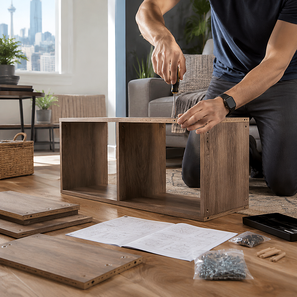 A helper assembling a shelf at home